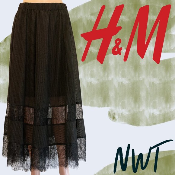 H&M Lace Panel Ankle Length Maxi Skirt Size 8 NWT - Picture 1 of 10